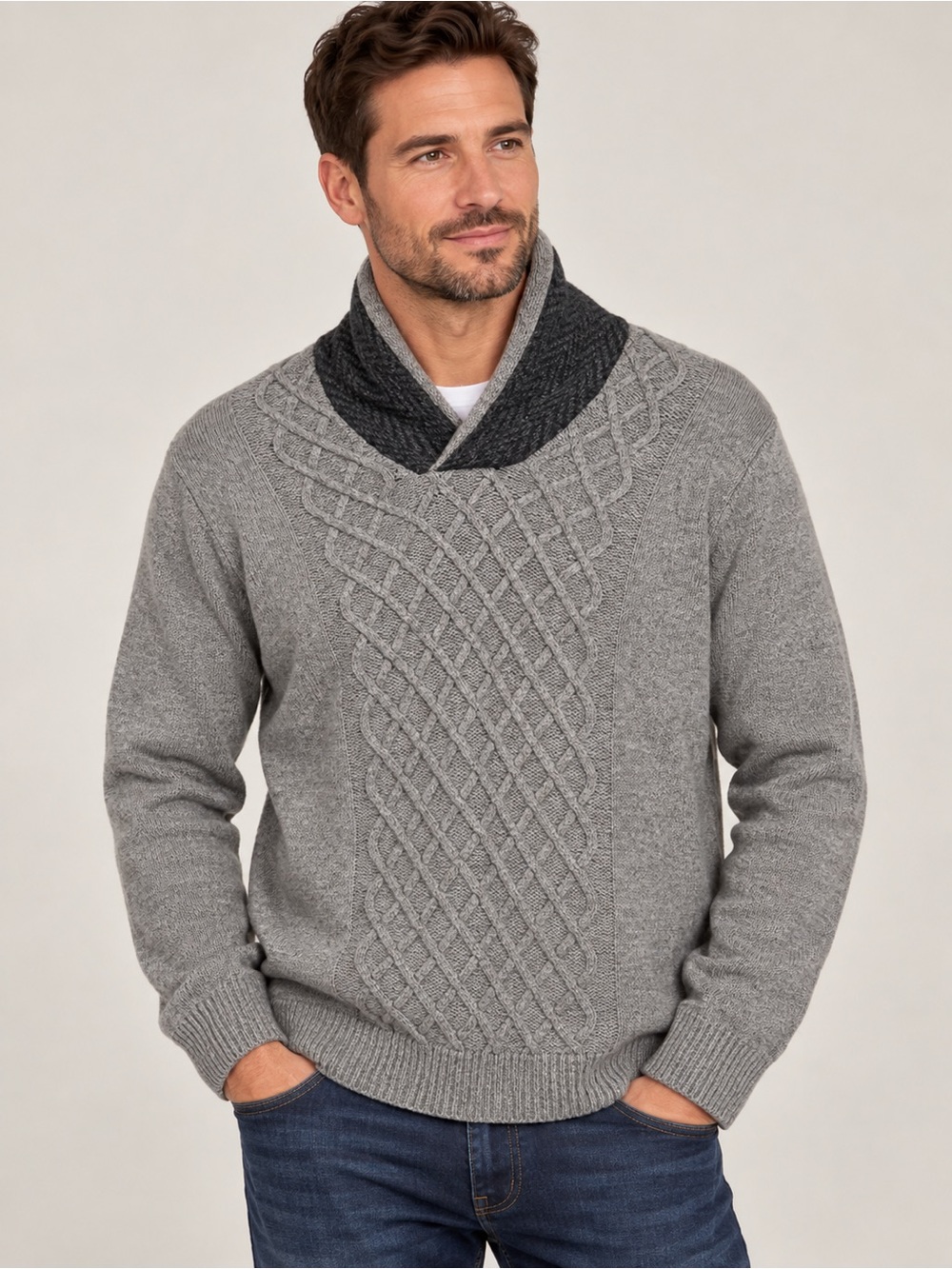 Tasso Elba Men's Gray Cable Knit Cashmere Wool Shawl Collar Sweater Medium
